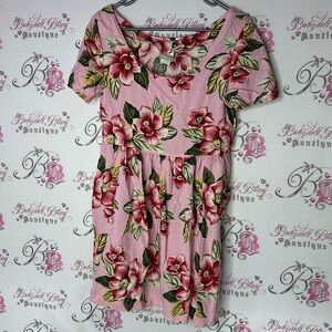 Mods int’l dress Hawaii flowers Floral Pink red green yellow vintage swoop neck